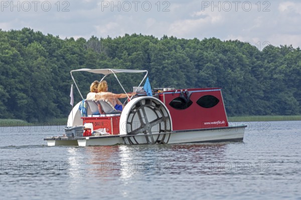 Pedal boat, paddle steamer dummy, Leppinsee, Mecklenburg Lake District, Mecklenburg-Western Pomerania, Germany