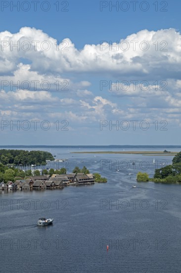 View from the tower of St Mary's Church, Müritz, lake, boats, boathouses, holiday homes, Röbel, Müritz, Mecklenburg Lake District, Mecklenburg-Western Pomerania, Germany