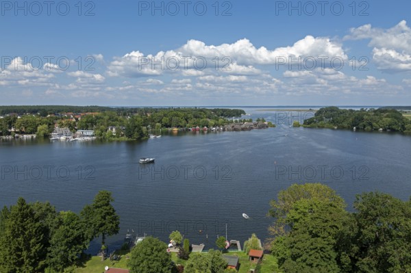 View from the tower of St Mary's Church, Müritz, lake, boats, boathouses, holiday homes, Röbel, Müritz, Mecklenburg Lake District, Mecklenburg-Western Pomerania, Germany