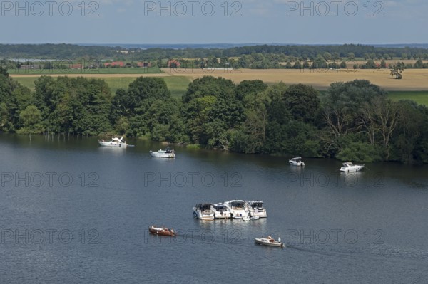 View from the tower of St Mary's Church, motor yachts, Müritz, lake, trees, Röbel, Mecklenburg Lake District, Mecklenburg-Western Pomerania, Germany