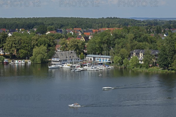 View from the tower of St Mary's Church, boats, houses, marina, Müritz, lake, trees, Röbel, Müritz, Mecklenburg Lake District, Mecklenburg-Western Pomerania, Germany