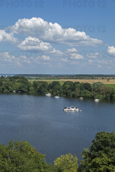 View from the tower of St Mary's Church, motor yachts, Müritz, lake, trees, Röbel, Mecklenburg Lake District, Mecklenburg-Western Pomerania, Germany