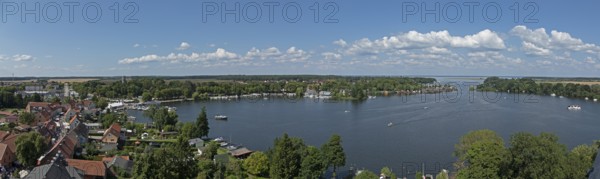 Panoramic view from the tower of St Mary's Church, Photomerge, Müritz, lake, boats, boathouses, holiday homes, Röbel, Mecklenburg Lake District, Mecklenburg-Western Pomerania, Germany