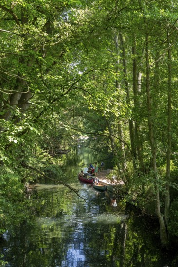 Canoe landing stage Bolter Mühle, people, Alte Fahrt canal, Mecklenburg Lake District, Mecklenburg-Western Pomerania, Germany