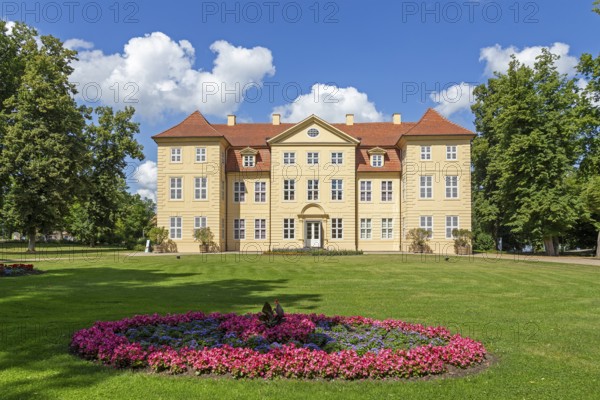 Castle, flower bed, castle island, Mirow, Mecklenburg Lake District, Mecklenburg-Western Pomerania, Germany