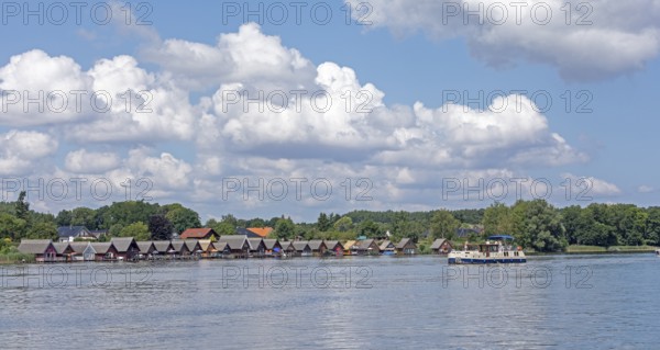 Boathouses, holiday homes on Lake Mirow, houseboat, Mirow, Mecklenburg Lake District, Mecklenburg-Western Pomerania, Germany