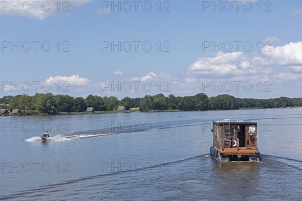 Houseboat, jet ski, Mirow, Mecklenburg Lake District, Mecklenburg-Western Pomerania, Germany