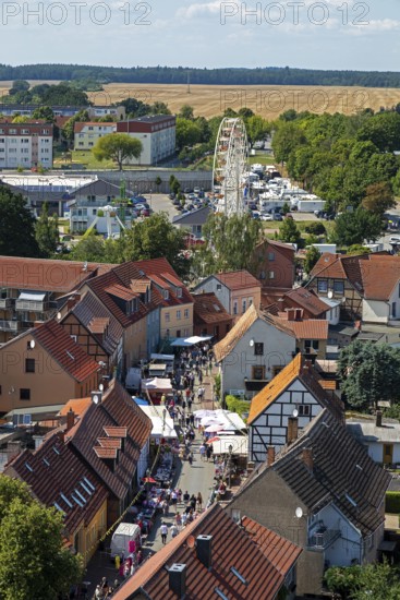 View from the tower of St Mary's Church, lake festival, Ferris wheel, old town centre, Röbel, Müritz, Mecklenburg Lake District, Mecklenburg-Western Pomerania, Germany