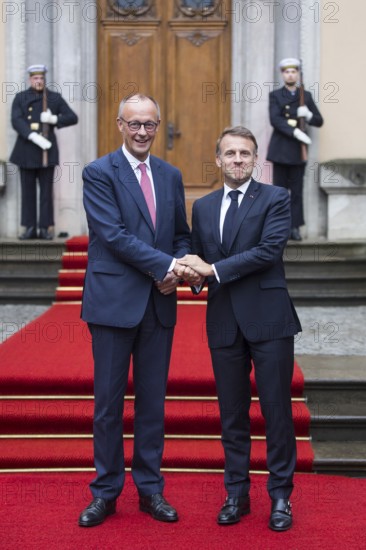 Friedrich Merz (CDU, Federal Chancellor) and Emmanuel Macron (President of the French Republic) arriving in front of Villa Borsig in Berlin on 23 July 2025