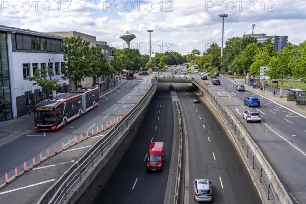 Europaring, B8, city centre road, landmark water tower of Leverkusen, North Rhine-Westphalia, Germany