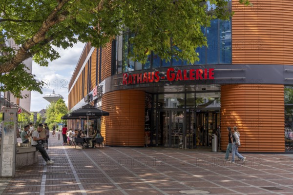 Wiesdorfer Platz shopping street, Rathaus-Galerie shopping centre, Wasserturm landmark Leverkusen, North Rhine-Westphalia, Germany
