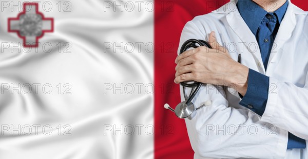 Doctor with stethoscope on Malta flag. Doctor holding stethoscope on Malta flag