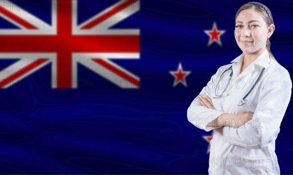Female doctor on New Zealand flag. Doctor with crossed arms on New Zealand flag. New Zealand health and care concept