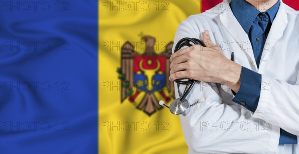 Doctor with stethoscope on Moldova flag. Doctor holding stethoscope on Moldova flag