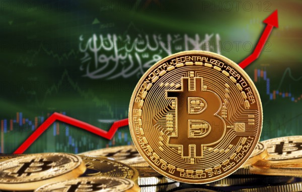 Bitcoin rising with Saudi Arabia flag in the background. Bitcoin with Saudi Arabia flag in the background
