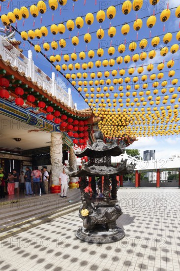 Thean Hou Temple to the Goddess Mazu with red and yellow chinese lanterns, Kuala Lumpur, Malaysia, Asia