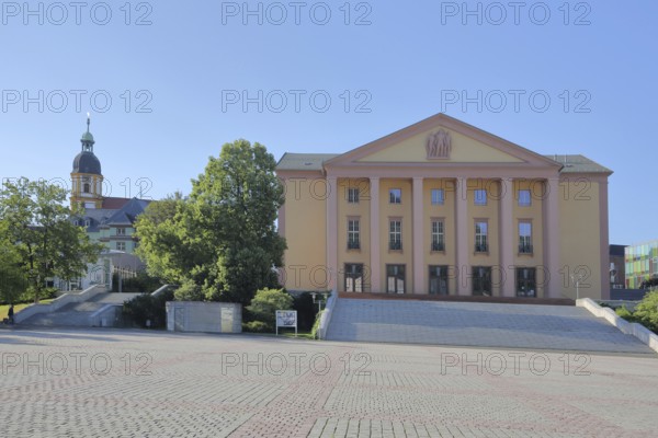House of History and baroque Kreuzkirche, columns, open staircase, stairway, Platz der deutschen Einheit, Suhl, Franconia, Thuringia, Germany