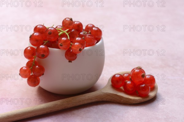 Redcurrants in small bowls and wooden spoon, Ribes rubrum