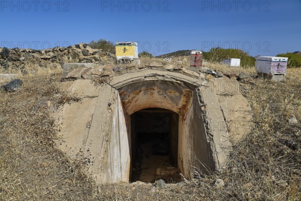 Lost Place, concrete bunker entrance in dry landscape under blue sky with vegetation, Italian air defence position, ground defence position, PL306 with 6 cannons, WW2, Vigla Mountain, Vigla, above Lakki, Lakki, Leros, Dodecanese, Girechian Islands, Greece