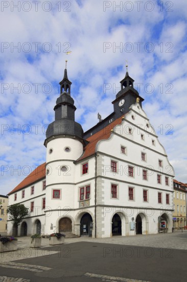 Renaissance town hall with turrets, market square, Hildburghausen, Franconia, Thuringia, Germany