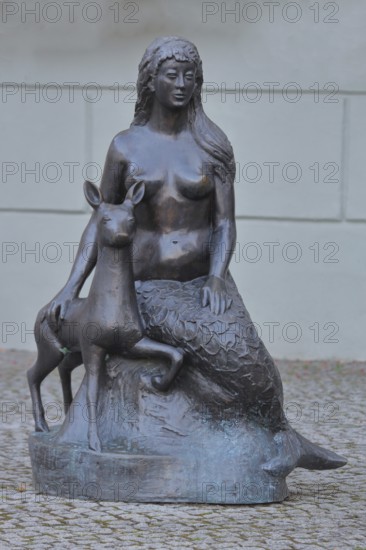 Landmark Slusia, mermaid, fairy, deer figure, female figure, town history, legend, town hall, Schleusingen, Thuringia, Germany