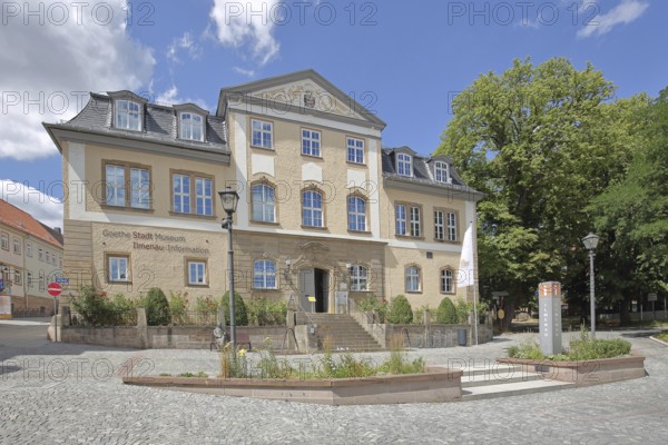 GoetheStadtMuseum, Amtshaus, Goethemuseum, tourist information, inscription, market square, Ilmenau, Thuringian Forest, Thuringia, Germany