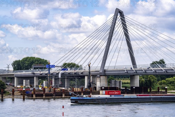 New construction of the second motorway bridge of the A1 over the Rhine near Leverkusen, after completion of the first bridge, the old one was demolished, the second part of the bridge, for a total of 8-lane expansion, new construction is currently underway at the same location, Leverkusen, North Rhine-Westphalia, Germany