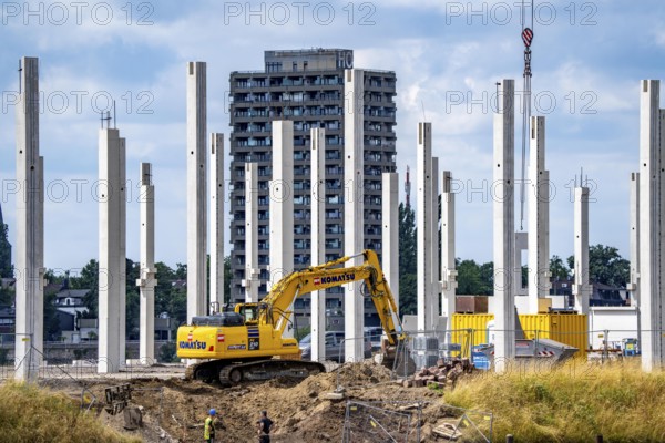 Construction of a new logistics hall on the Mercatroinsel, Hall 2, next to an existing hall, approx. 25, 000 square metres in size, in Duisburg-Ruhrort, shell construction, behind residential hotel tower in Duisburg Homberg, North Rhine-Westphalia, Germany
