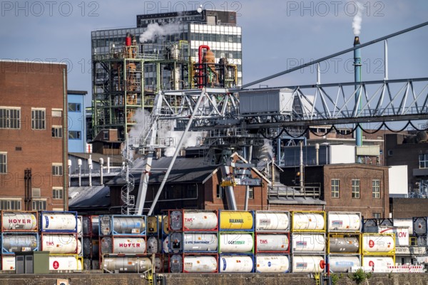 Scenery of Chempark Leverkusen, Bayer Leverkusen, chemical park, chemical plant, river Rhine, cargo ship, North Rhine-Westphalia, Germany