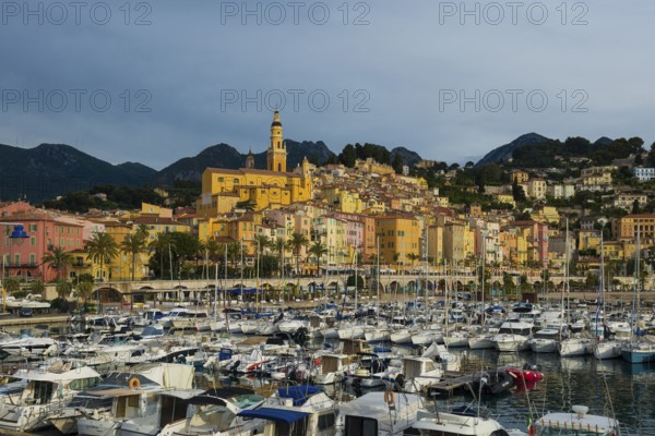 Town with colourful houses by the sea, sunrise, Menton, Alpes Maritimes, Provence Alpes Cote d'Azur, French Riviera, South of France, France