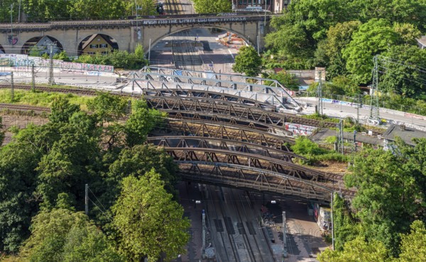 Railway bridges at Stuttgart North Station. More than 1000 Deutsche Bahn AG bridges need to be renovated. Symbolic photo. Stuttgart, Baden-Württemberg, Germany