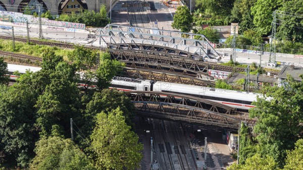 Railway bridges at Stuttgart North Station with ICE. More than 1000 Deutsche Bahn AG bridges need to be renovated. Symbolic photo. Stuttgart, Baden-Württemberg, Germany