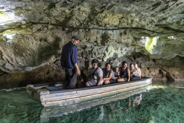 Excursion destination Wimsen Cave in the Swabian Alb. This tourist attraction is the only cave in Germany that can be accessed by boat. Origin of the Zwiefalter Ach. Hayingen, Baden-Württemberg, Germany