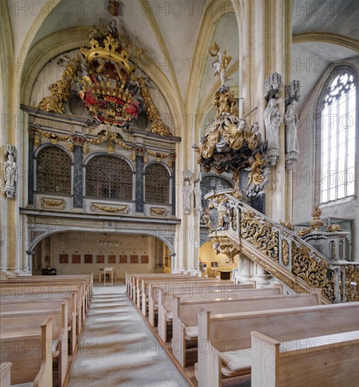St Peter and Paul Cathedral, interior with pulpit and royal box, Museum Zeitzer Schloss Moritzburg, early baroque style, Zeitz, Saxony-Anhalt, Germany