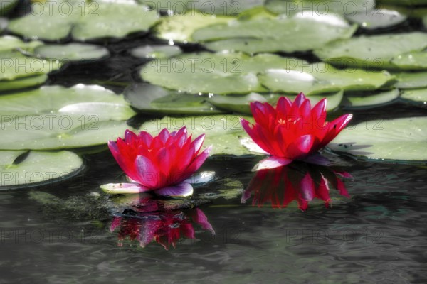 Red water lilies (Nymphaea) on green leaves in a pond, graphically processed, Germany