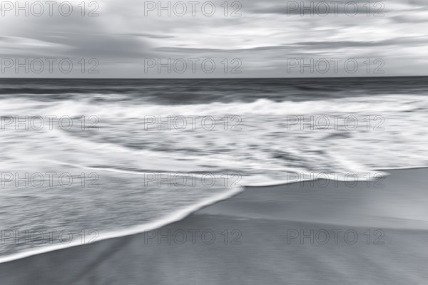 Skarðsvík Beach, surf waves on sandy beach, coastal landscape, monochrome, motion blur, Skardsvik, Snaefellsnes, West Iceland, Iceland