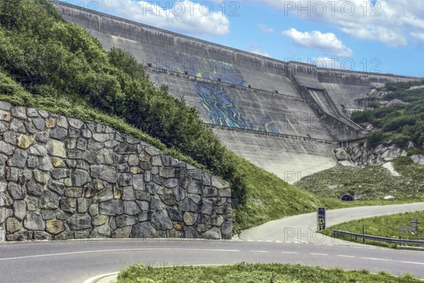 Dam wall of Räterichsbodensee reservoir in the Grimsel region, Guttannen, Canton of Bern, Switzerland