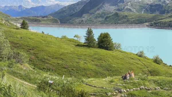 View of barrage dam with 1400 metre crest length in the eastern part southeast of Lac du Mont Cenis, Mont Cenis massif, Massif du Mont-Cenis, Graian Alps, Lanslebourg, Rhone-Alpes, France, built until 1969