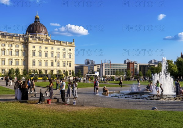 The Lustgarten with fountain and the Humboldt Forum, Berlin, Germany
