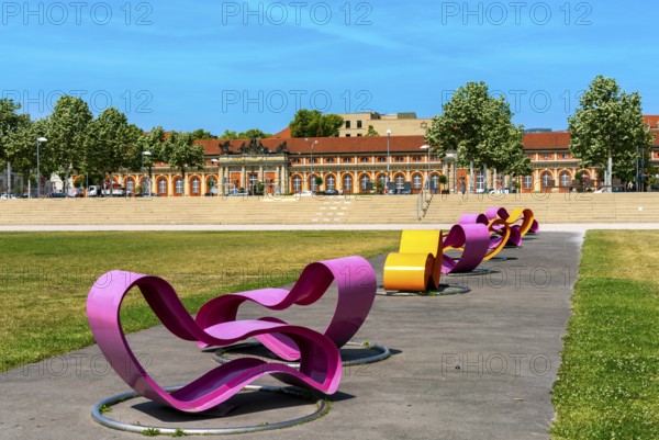 Modern seating elements in the Lustgarten, Potsdam, Brandenburg, Germany