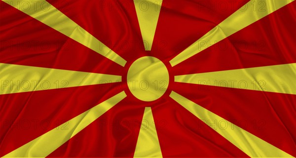 Flag of North Macedonia with cloth texture. Close up of Macedonian flag waving