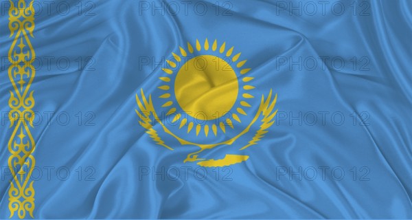 Flag of Kazakhstan with cloth texture. Close up of Kazakh flag waving