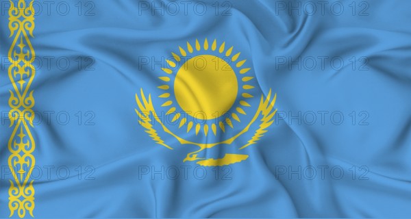 Realistic Kazakhstan flag waving. Close up of flag of Kazakhstan with cloth texture