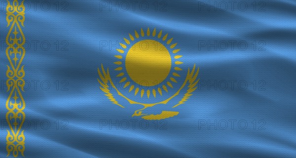 Kazakhstan flag with fabric texture. Realistic flag of Kazakhstan waving