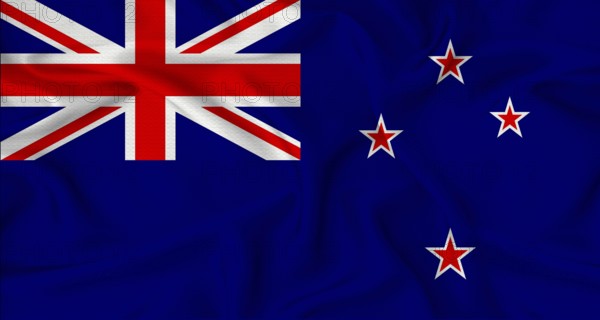 Realistic New Zealand flag waving. Close up of flag of New Zealand with cloth texture