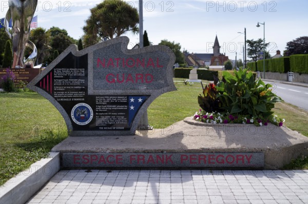National Guard memorial, memorial to US soldier Sgt. Frank D. Peregory, recipient of the Medal of Honour, Grandcamp-Maisy, D-Day, Operation Overlord, Normandy, Calvados, France