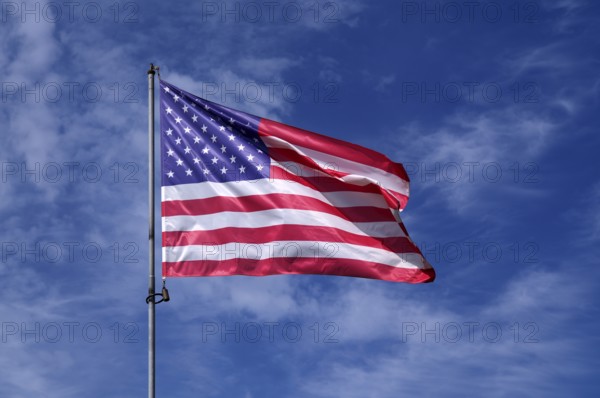 US flag, national flag USA, flies over National Guard memorial, memorial for US soldier Sgt. Frank D. Peregory, recipient of the Medal of Honour, Grandcamp-Maisy, D-Day, Operation Overlord, Normandy, Calvados, France