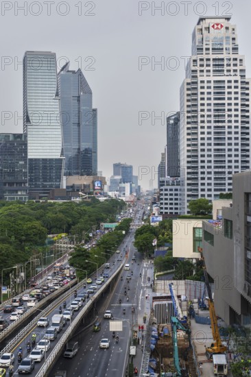 Road traffic and HSBC building, Bangkok, Thailand