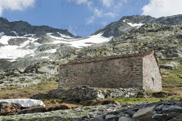 Stone house built in 1476 next to L'Hospice du Grand St-Bernard Ossuarium Ossuary La morgue de l'Hospice du Grand-Saint-Bernard next to the hospice on the summit of the Great St. Bernard Pass, Valais, Switzerland