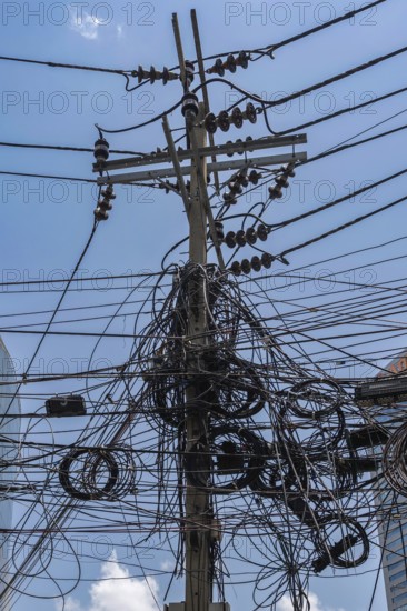 Electricity pylon cable tangle, Bangkok, Thailand